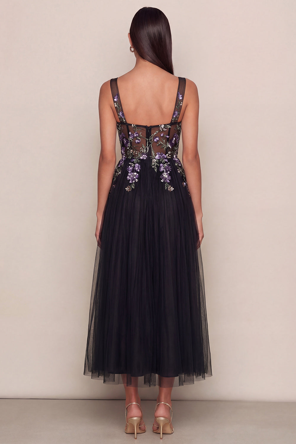 Black Appliqued Sequin Tulle A Line Wedding Guest Dress