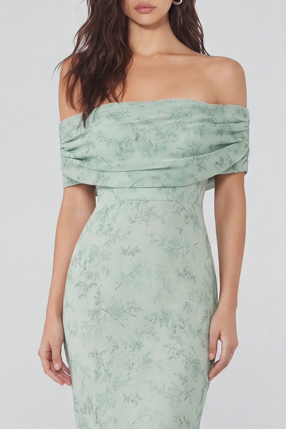Floral Mermaid Off the Shoulder Dusty Sage Wedding Guest Dress