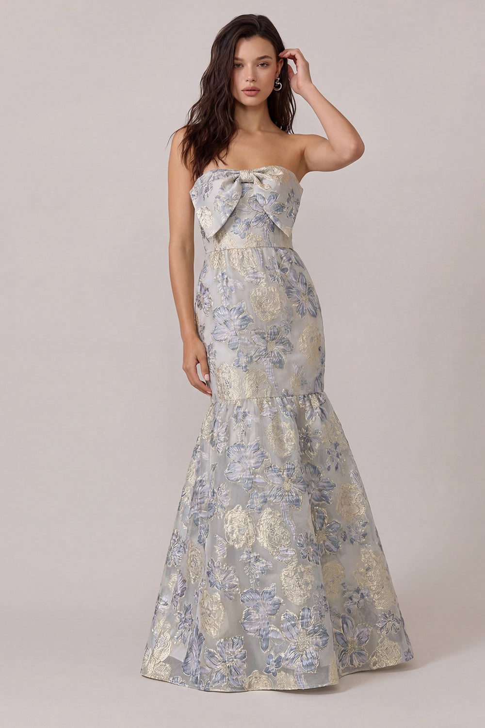 Strapless Bowed Mermaid Dusty Blue Prom Dress