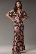 Pink Floral Flutter Sleeve V Neck Wedding Guest Dress
