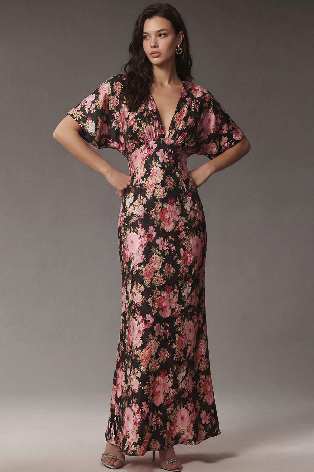 Pink Floral Flutter Sleeve V Neck Wedding Guest Dress