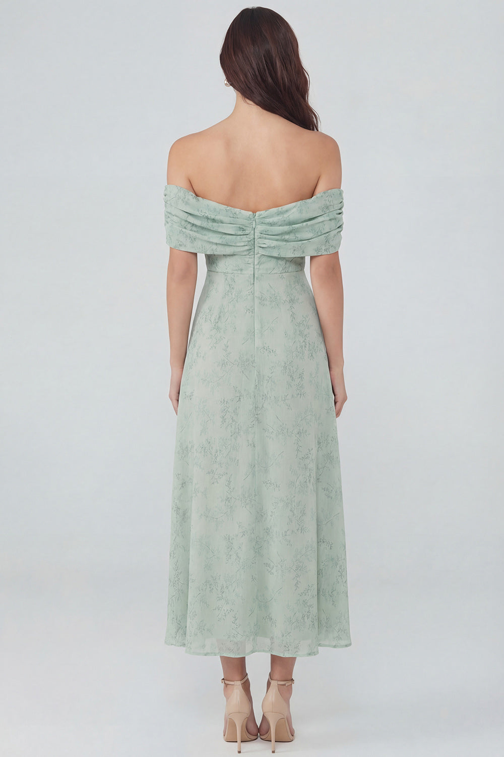 Off the Shoulder Floral A Line Dusty Sage Wedding Guest Dress