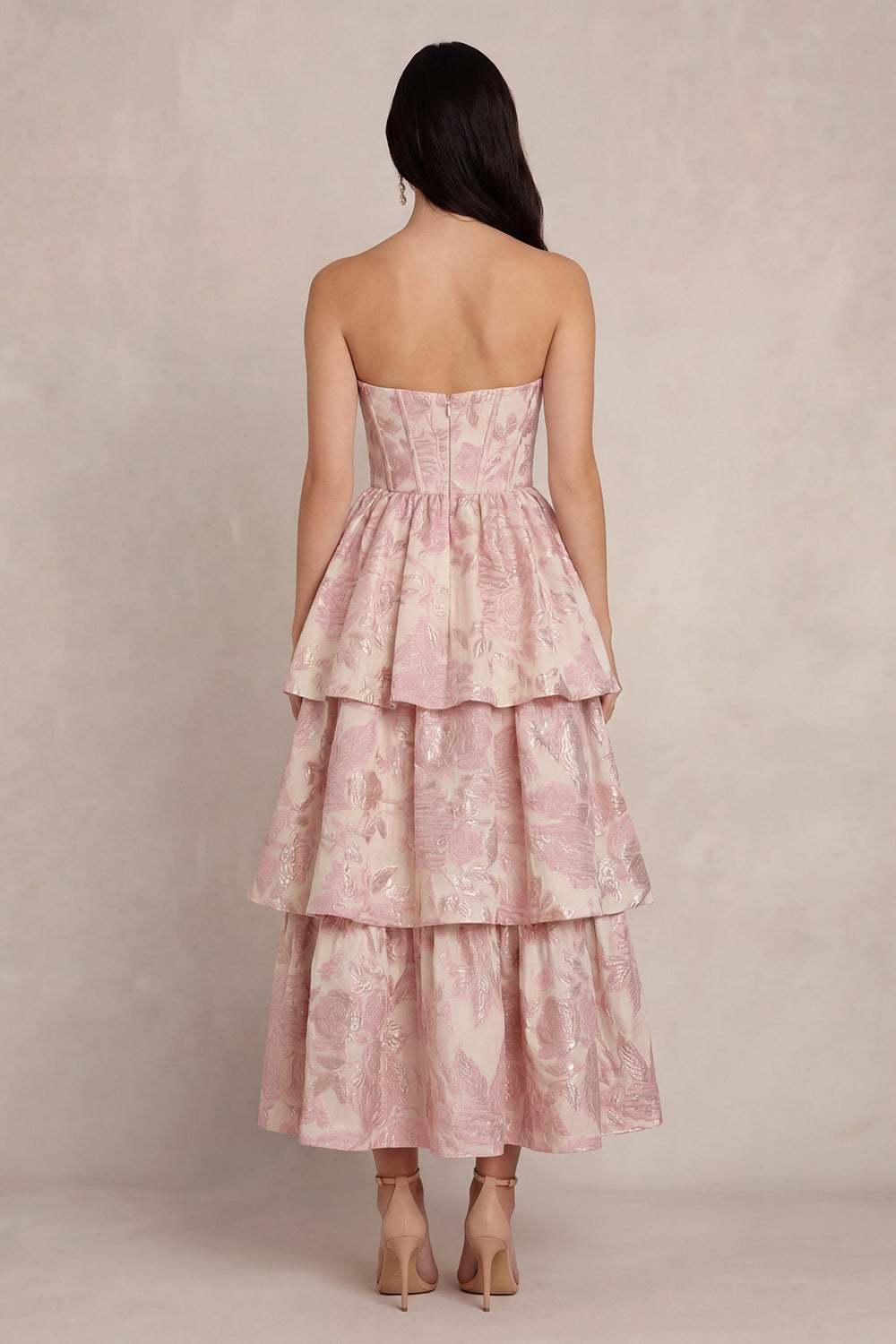 Tiered Strapless Blush Floral Brocade Wedding Guest Dress