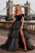 Off the Shoulder Tiered Black and White Polka Dot Prom Dress