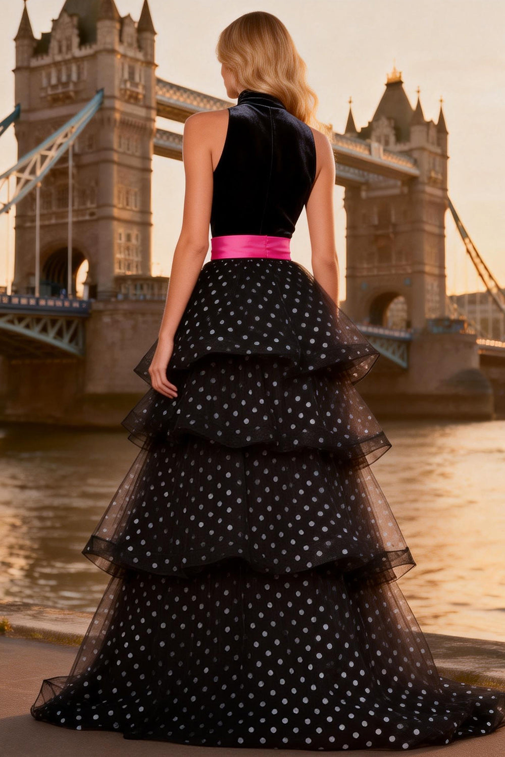 Halter Tiered Black and White Polka Dot Prom Dress