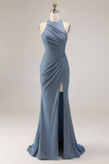 Gillter Halter Mermaid Ruched Dusty Blue Prom Dress