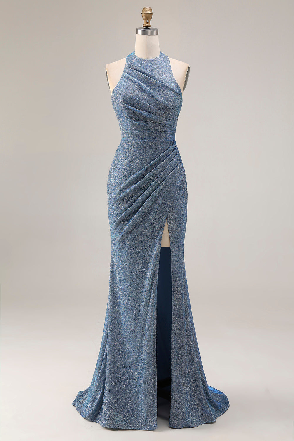 Gillter Halter Mermaid Ruched Dusty Blue Prom Dress