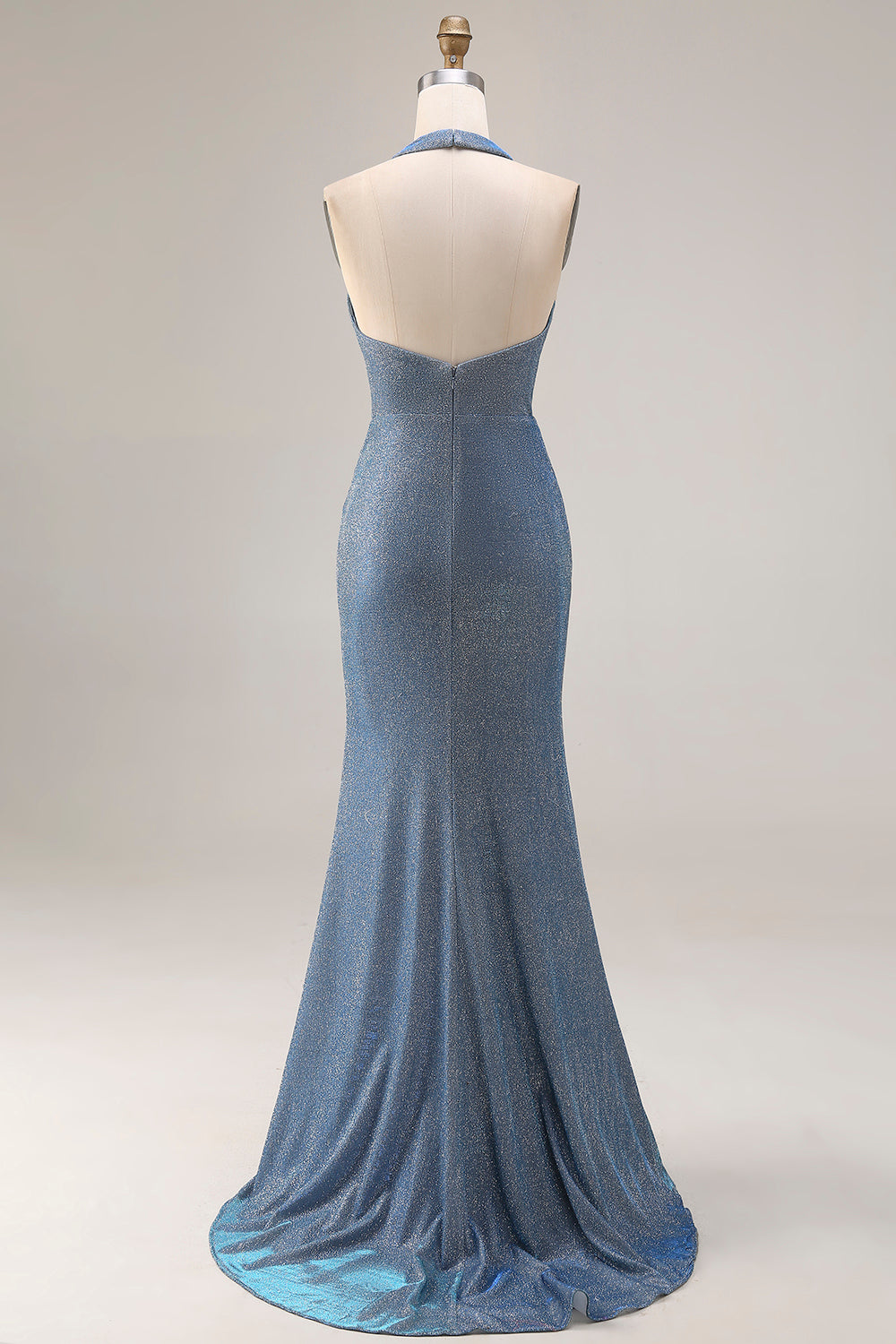 Gillter Halter Mermaid Ruched Dusty Blue Prom Dress