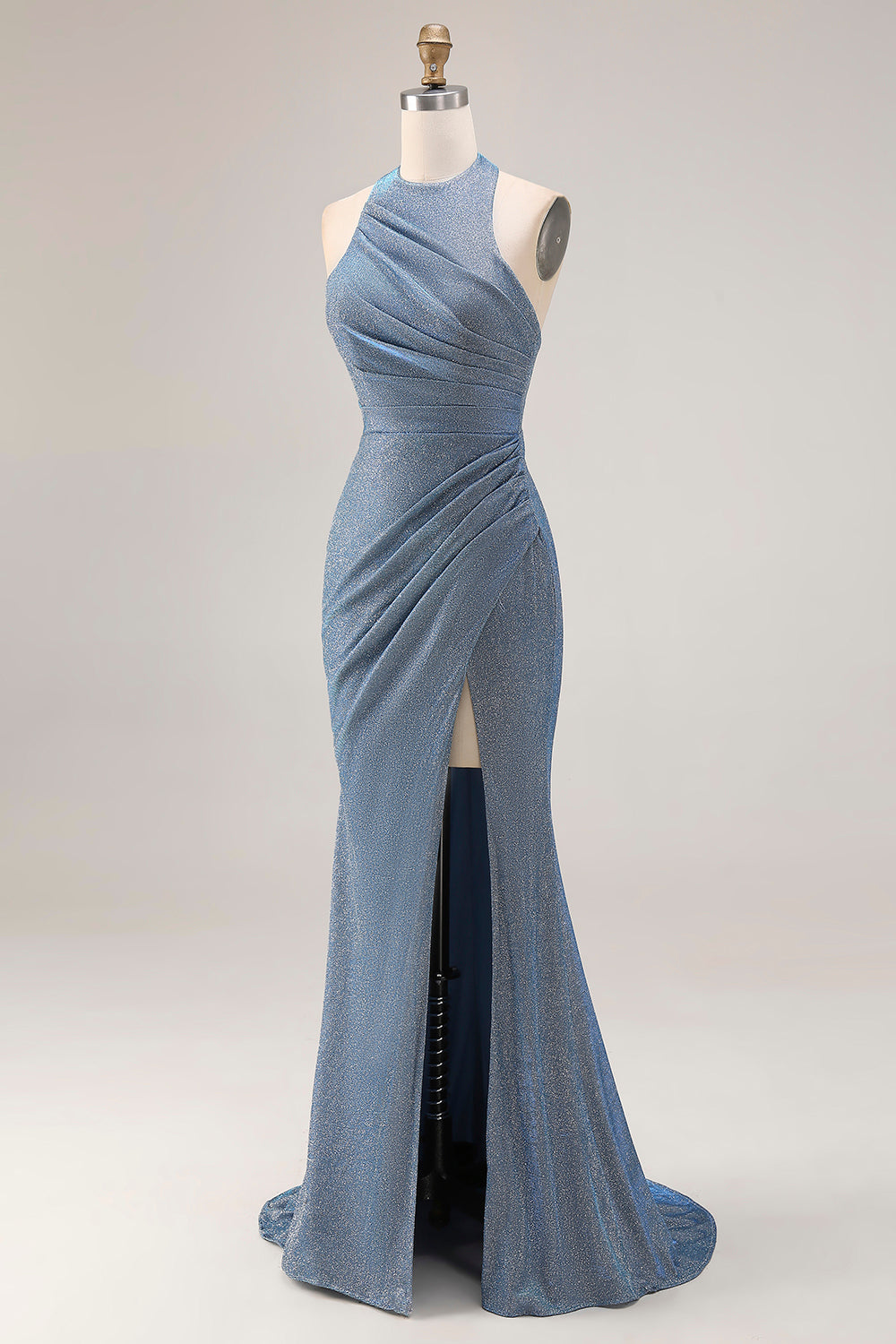 Gillter Halter Mermaid Ruched Dusty Blue Prom Dress