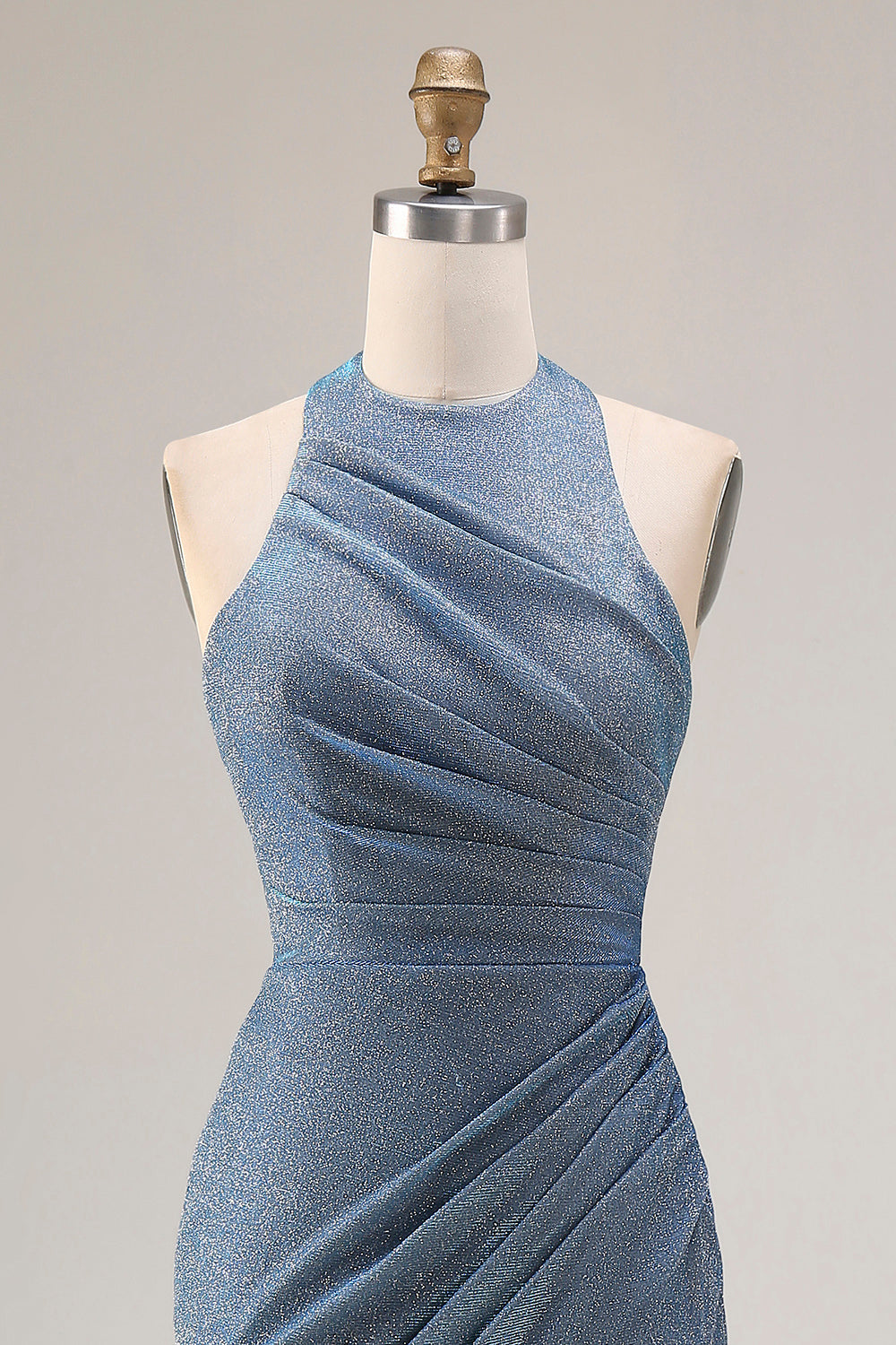 Gillter Halter Mermaid Ruched Dusty Blue Prom Dress
