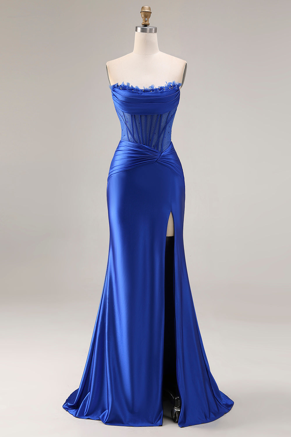 Strapless Royal Blue Mermaid Satin Beaded Prom Dress