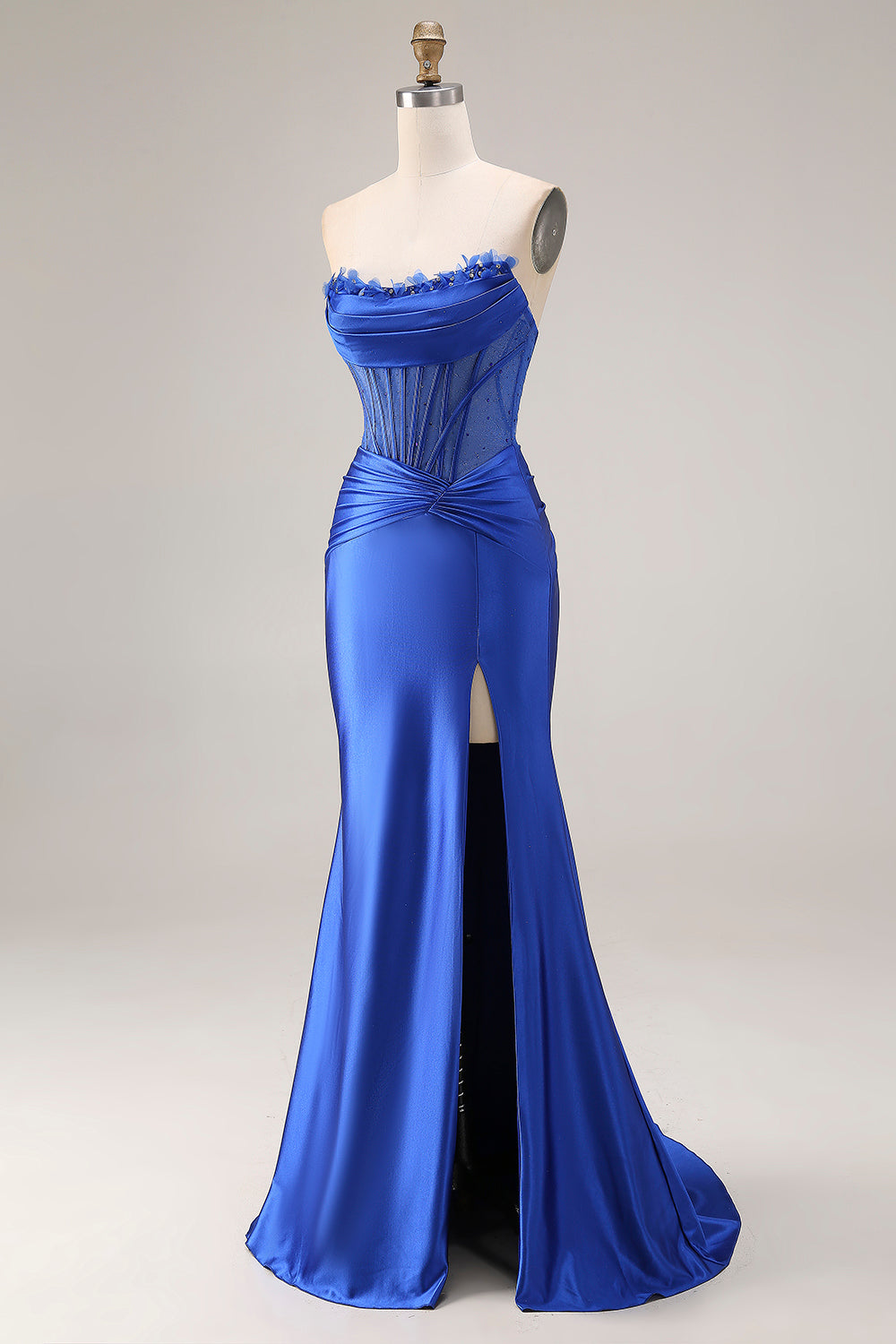 Strapless Royal Blue Mermaid Satin Beaded Prom Dress