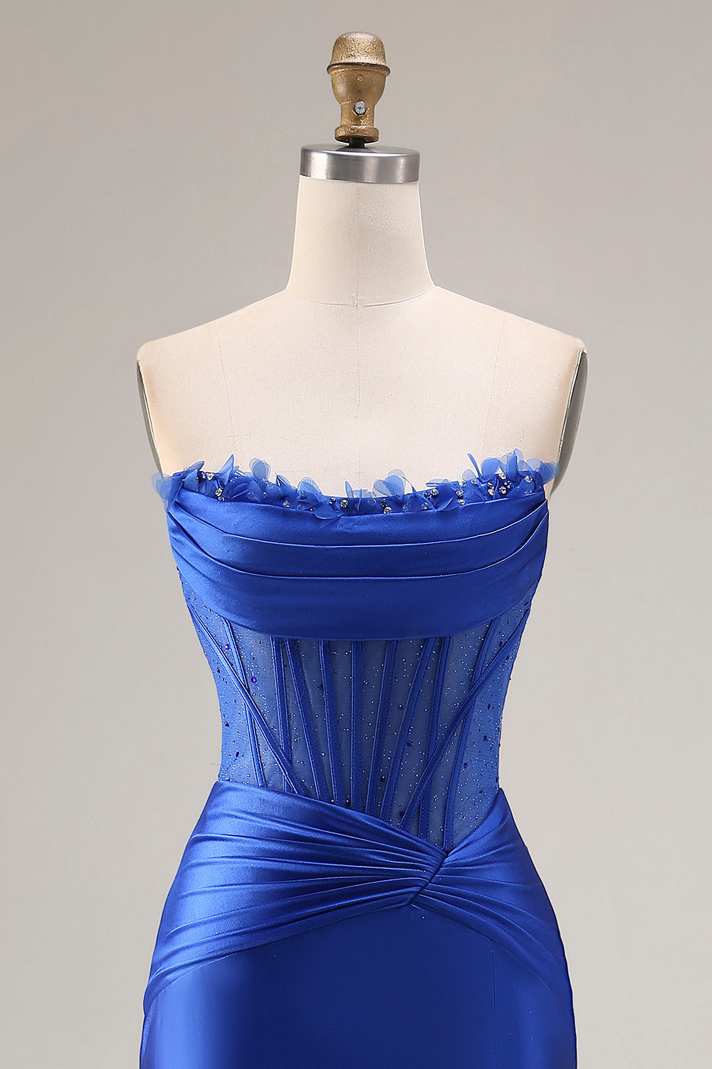 Strapless Royal Blue Mermaid Satin Beaded Prom Dress