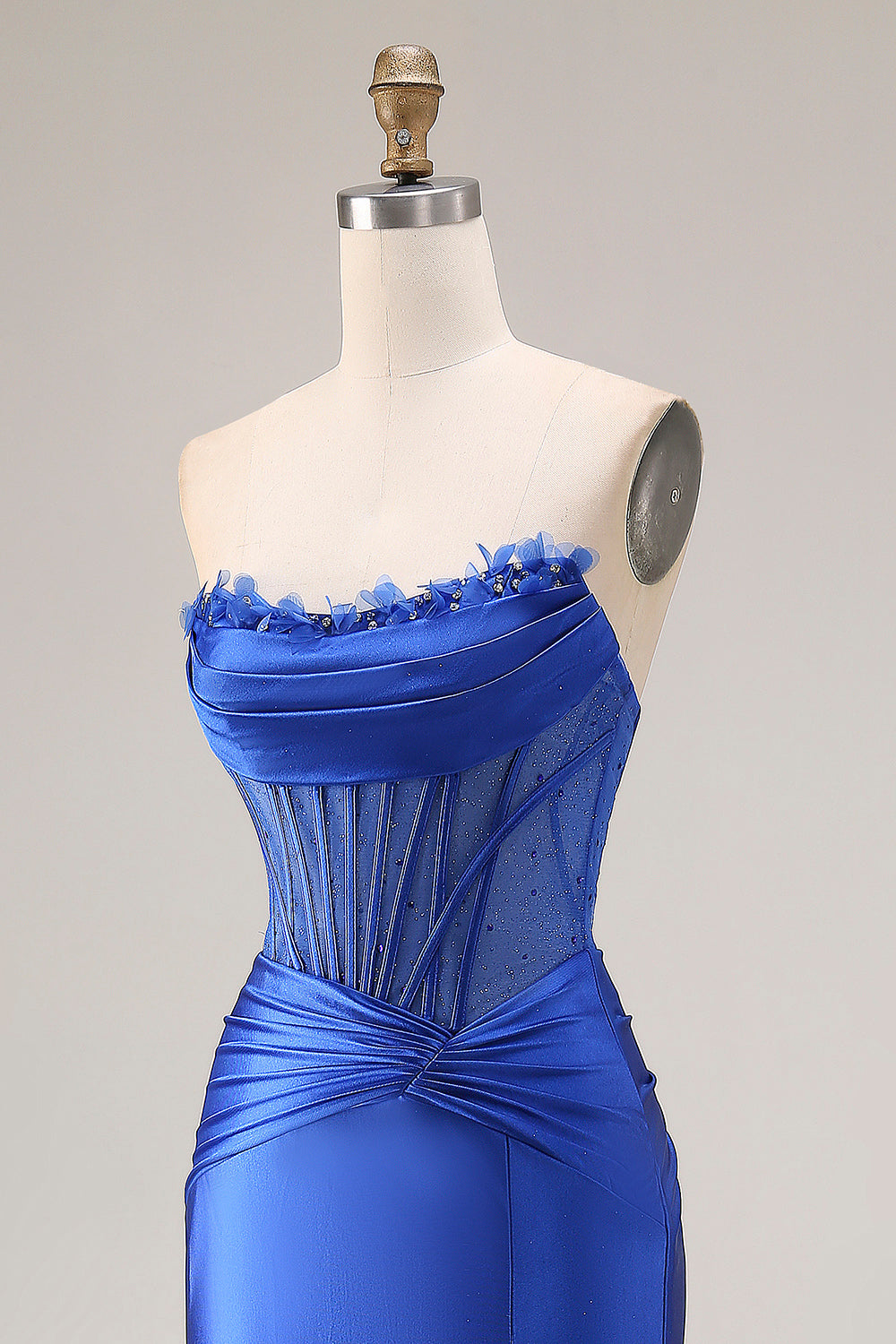 Strapless Royal Blue Mermaid Satin Beaded Prom Dress