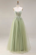 Sparkly A Line Beaded Light Green Prom Dress with Appliques