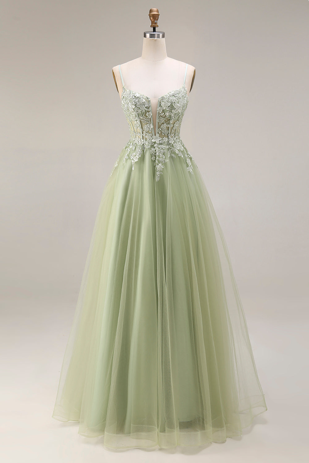 Sparkly A Line Beaded Light Green Prom Dress with Appliques