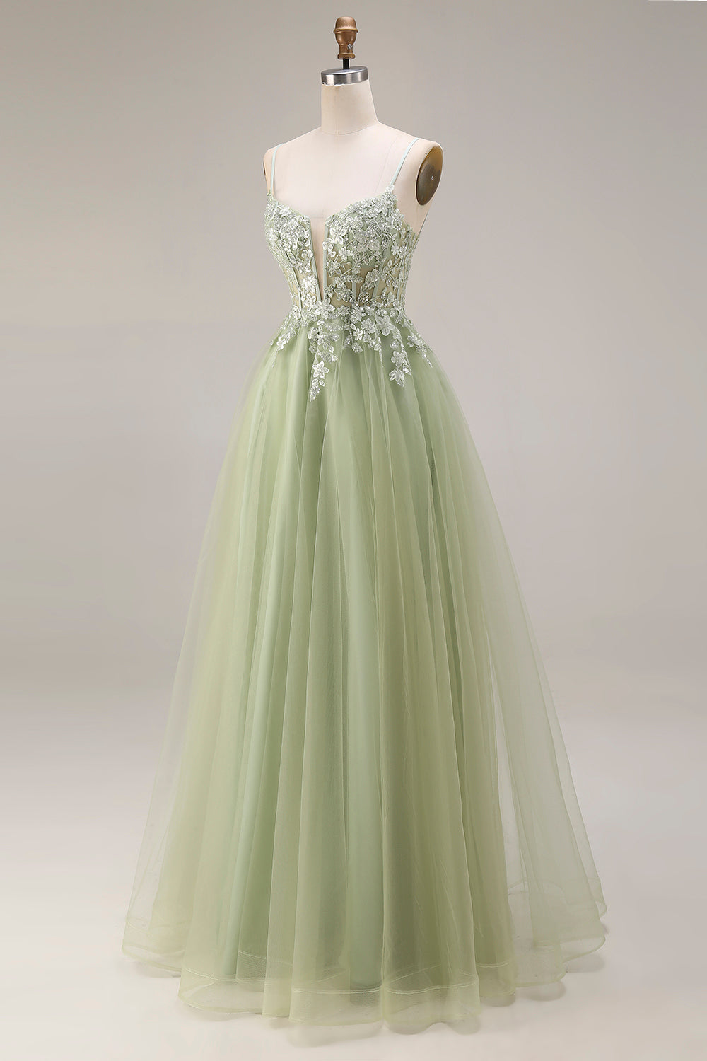 Sparkly A Line Beaded Light Green Prom Dress with Appliques
