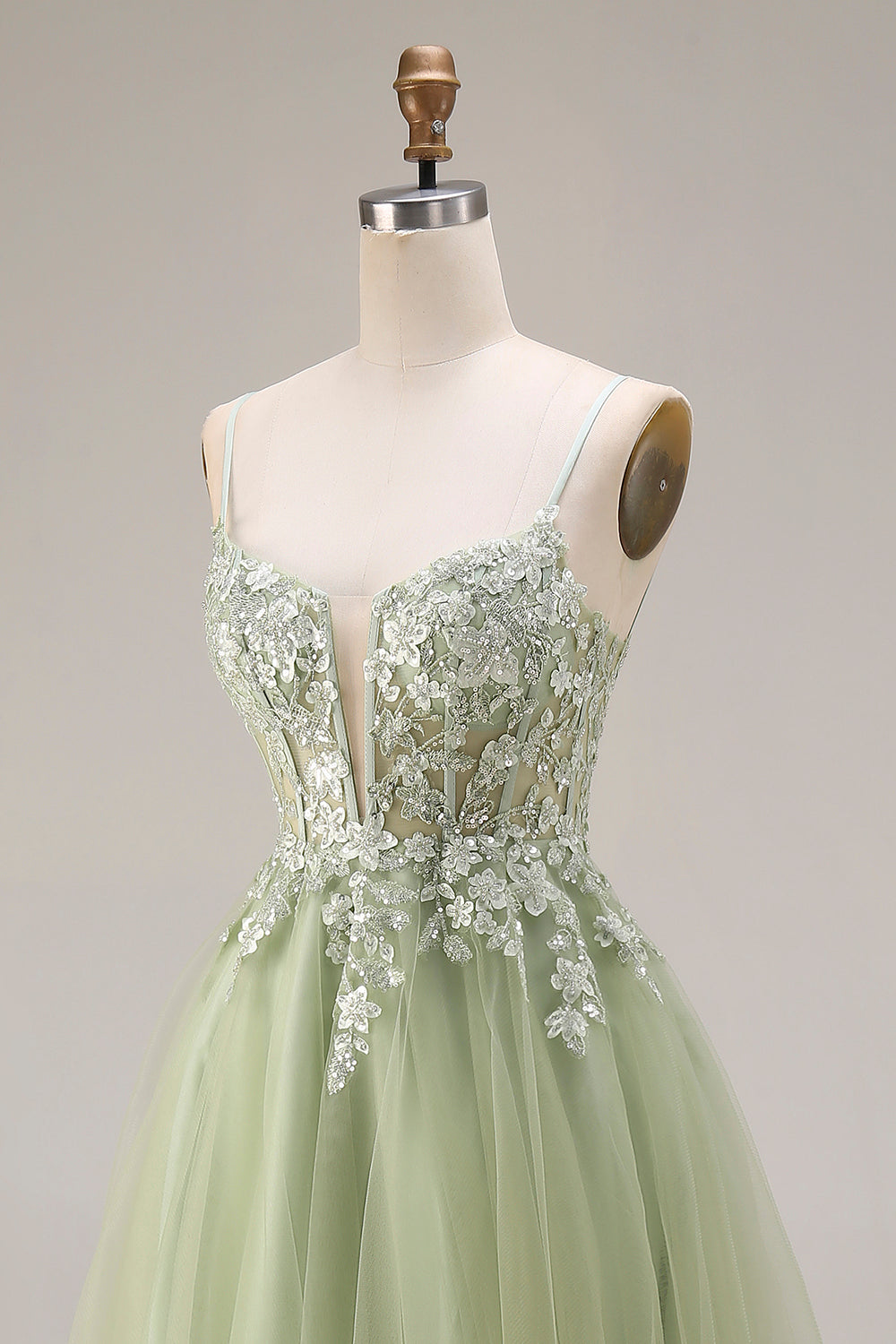 Sparkly A Line Beaded Light Green Prom Dress with Appliques