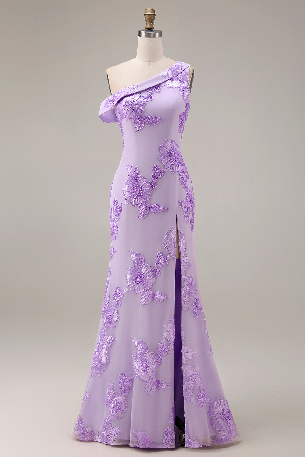 Asymmetrical Neck Yellow Mermaid Appliqued Prom Dress