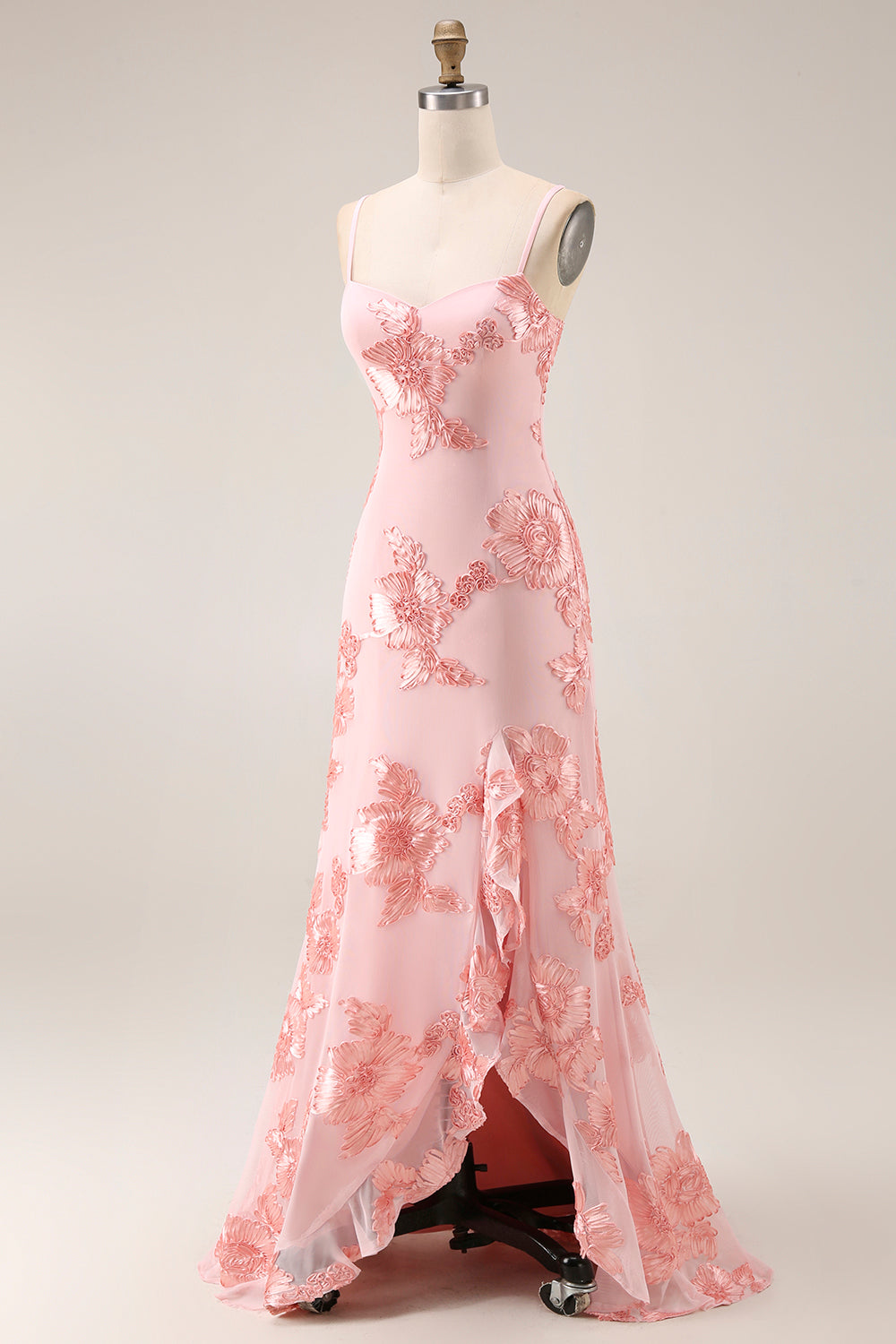 Yellow Appliqued Ruffled Prom Dress with Slit