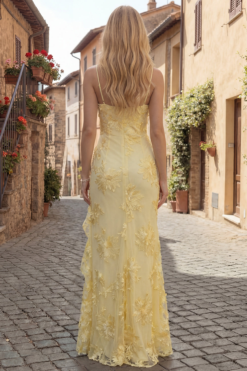 Yellow Appliqued Ruffled Prom Dress with Slit