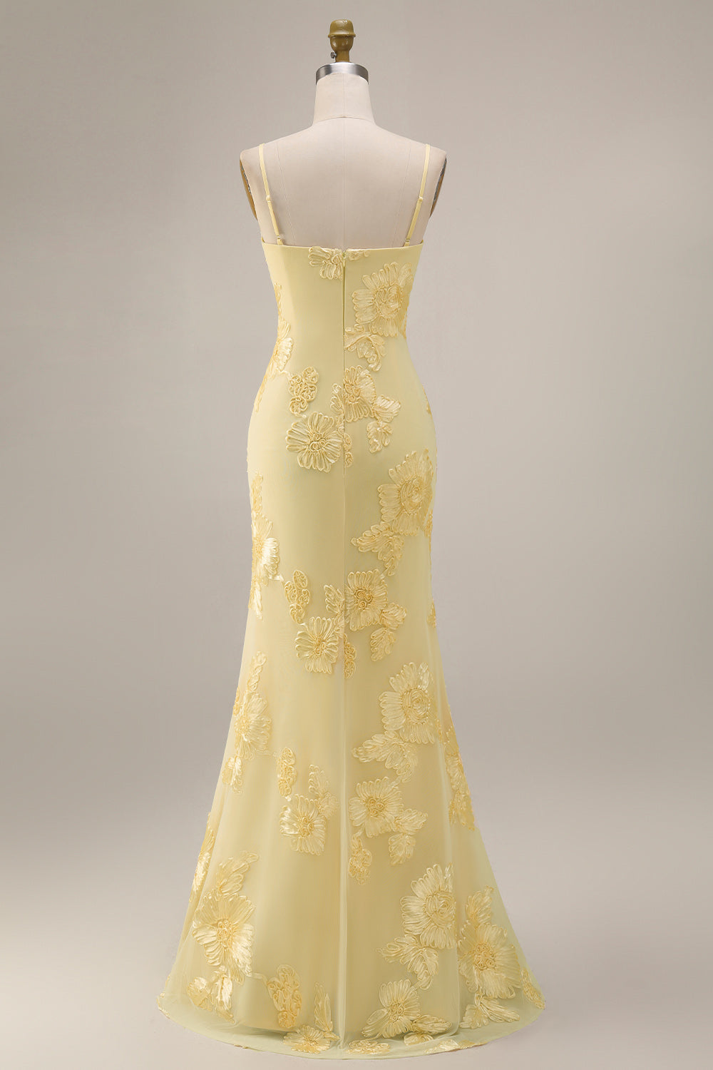 Yellow Appliqued Ruffled Prom Dress with Slit