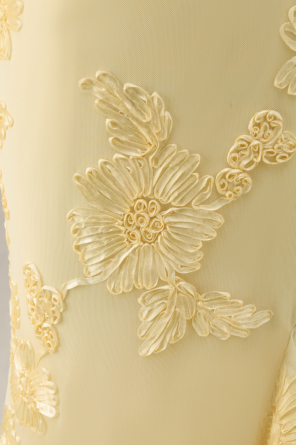 Yellow Appliqued Ruffled Prom Dress with Slit