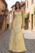A Line Yellow Appliqued Maxi Prom Dress