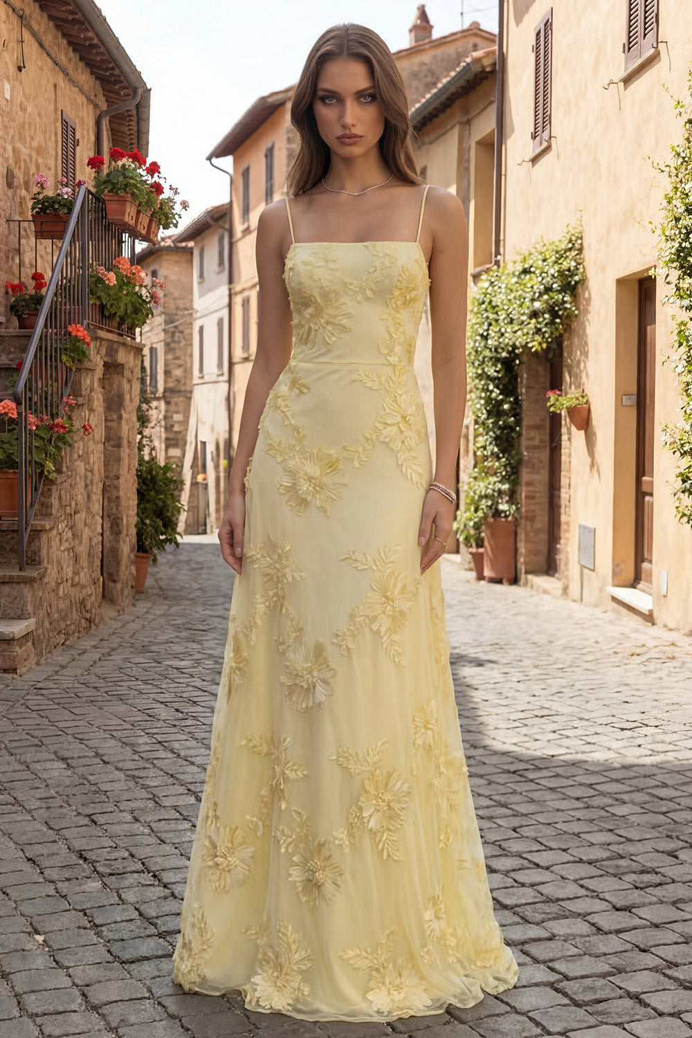 A Line Yellow Appliqued Maxi Prom Dress