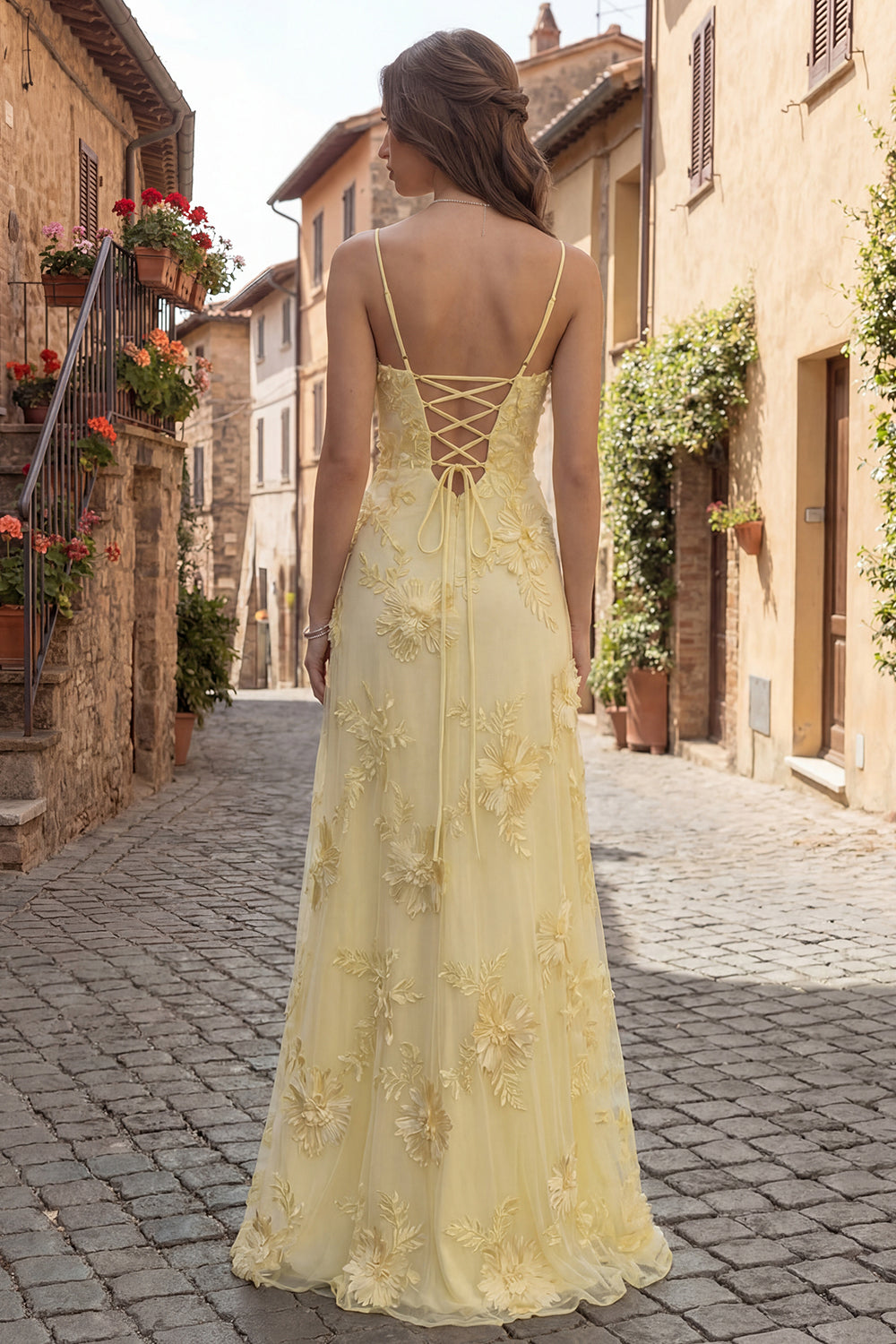 A Line Yellow Appliqued Maxi Prom Dress