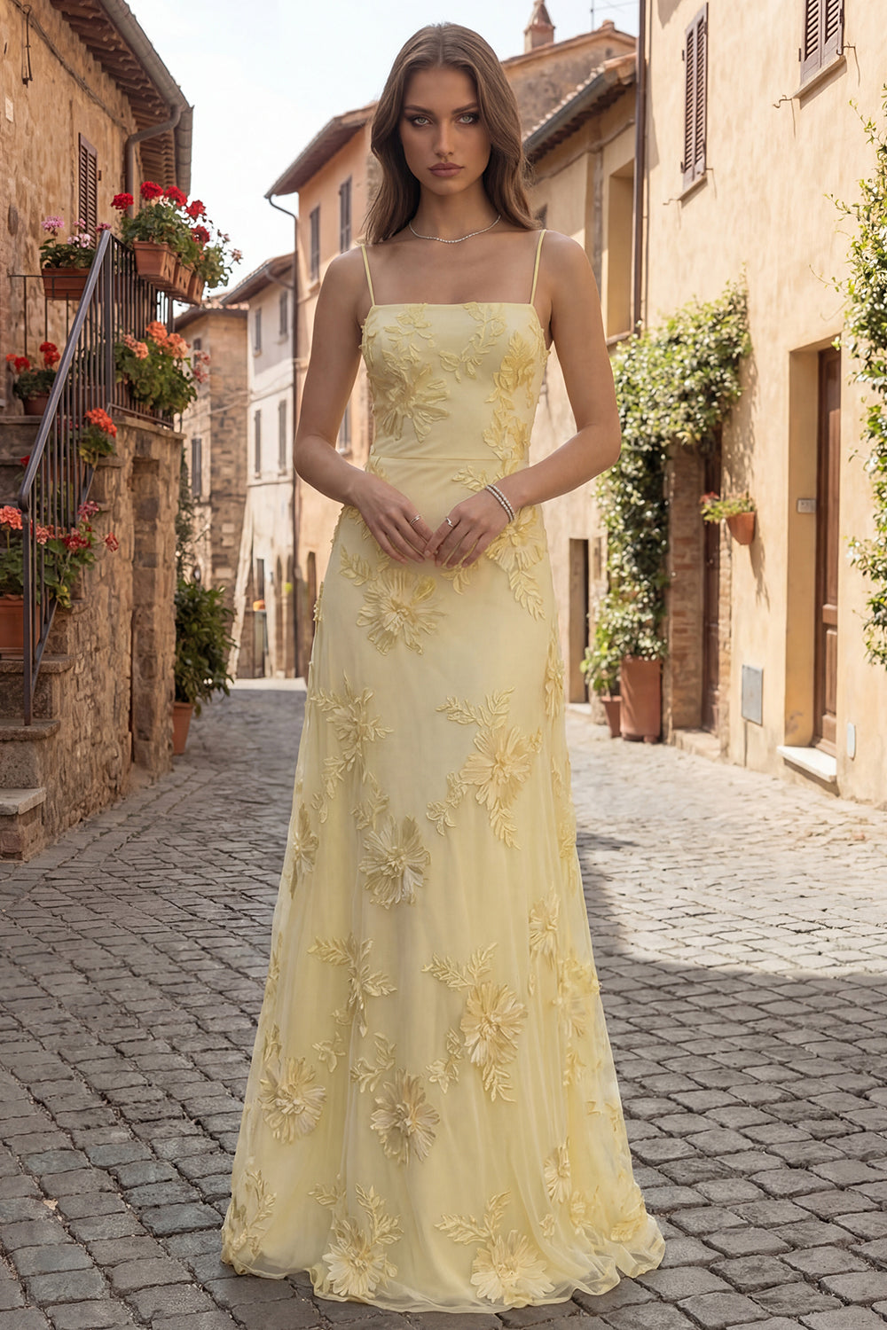A Line Yellow Appliqued Maxi Prom Dress