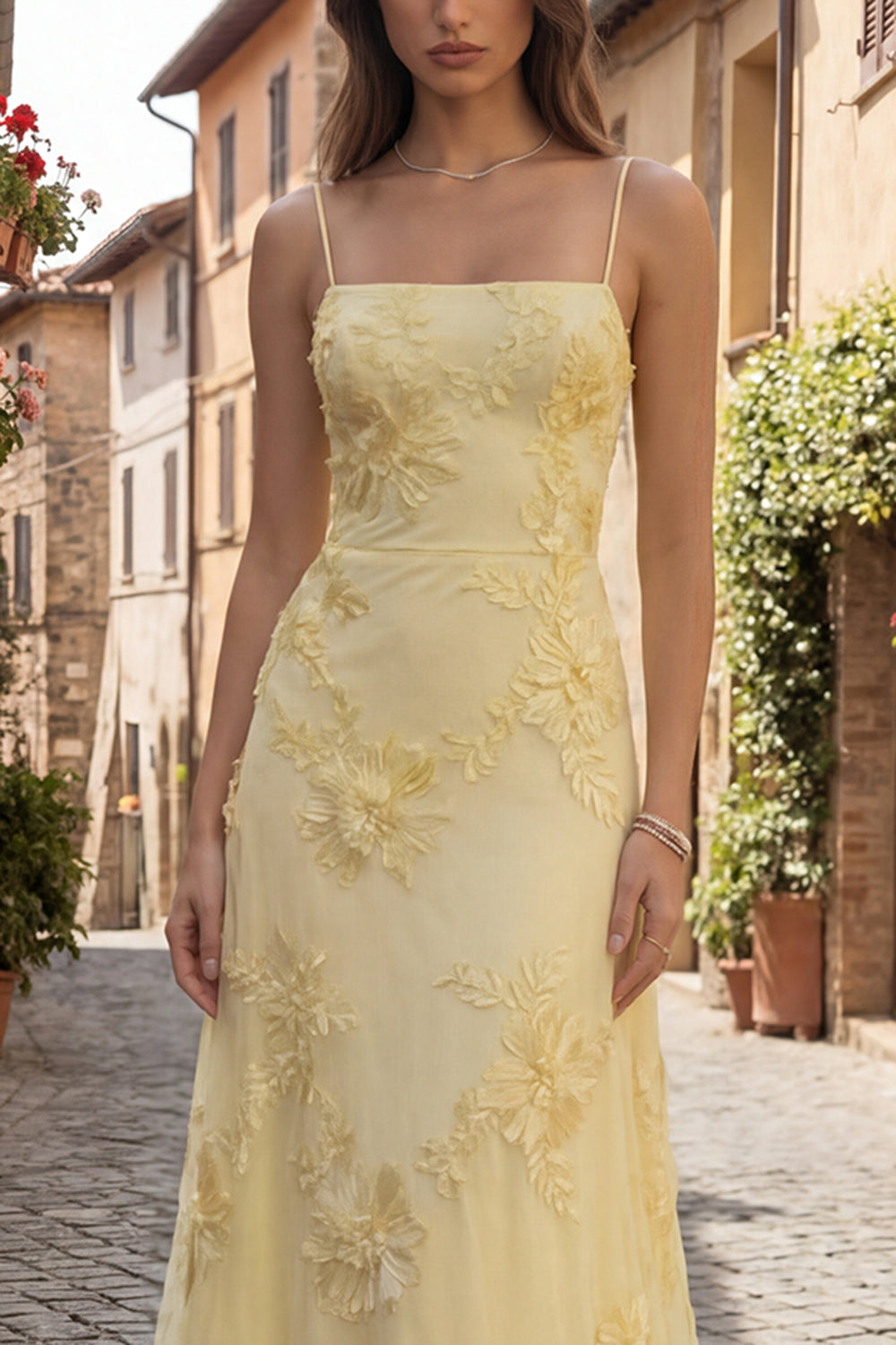 A Line Yellow Appliqued Maxi Prom Dress