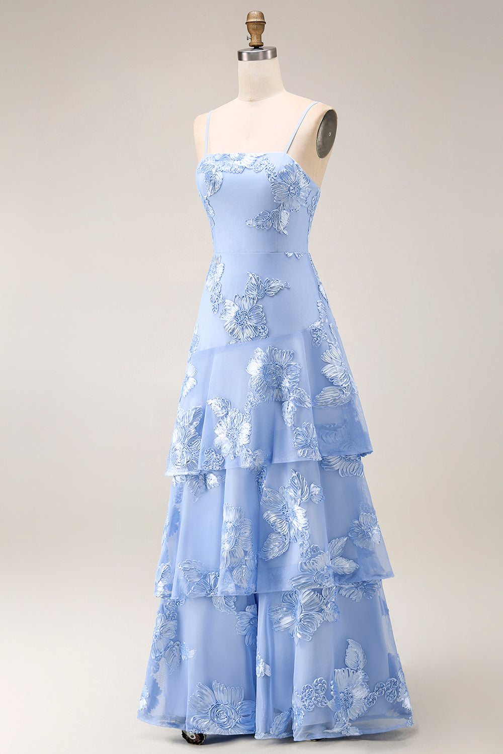 Tiered Appliqued Yellow Maxi Prom Dress