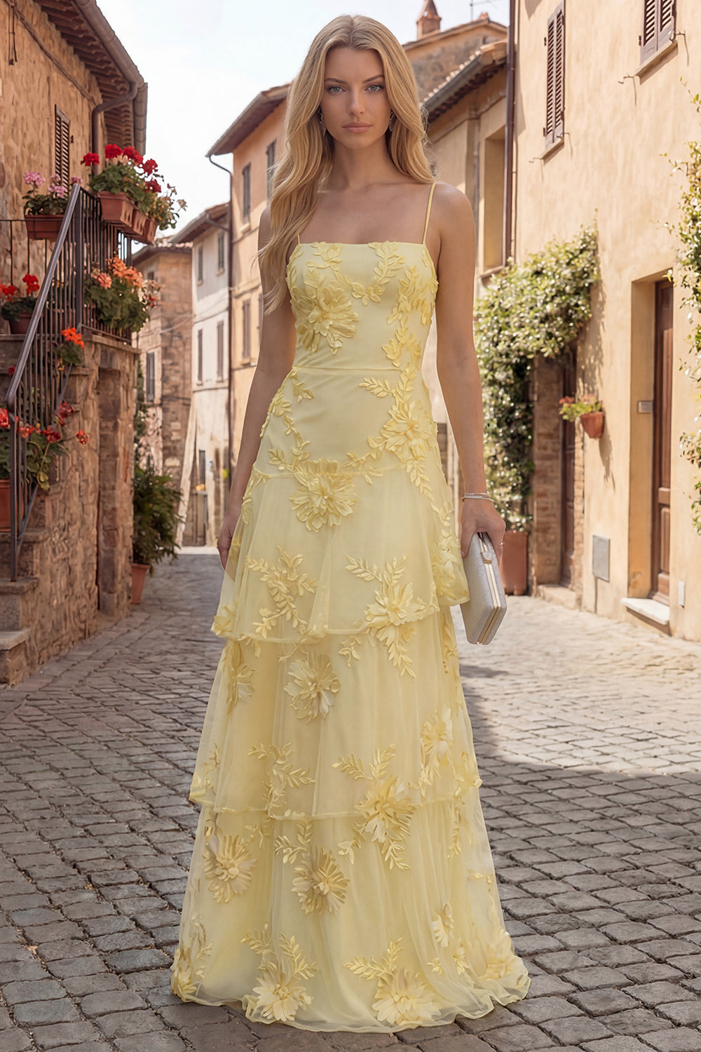 Tiered Appliqued Yellow Maxi Prom Dress