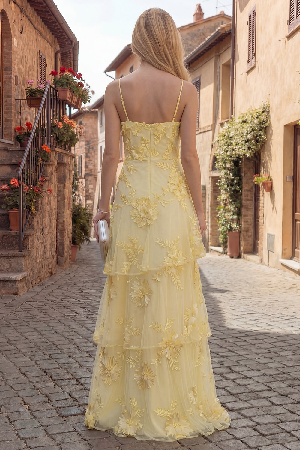 Tiered Appliqued Yellow Maxi Prom Dress