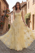 Yellow A Line Square Neck Prom Dress with Pearls