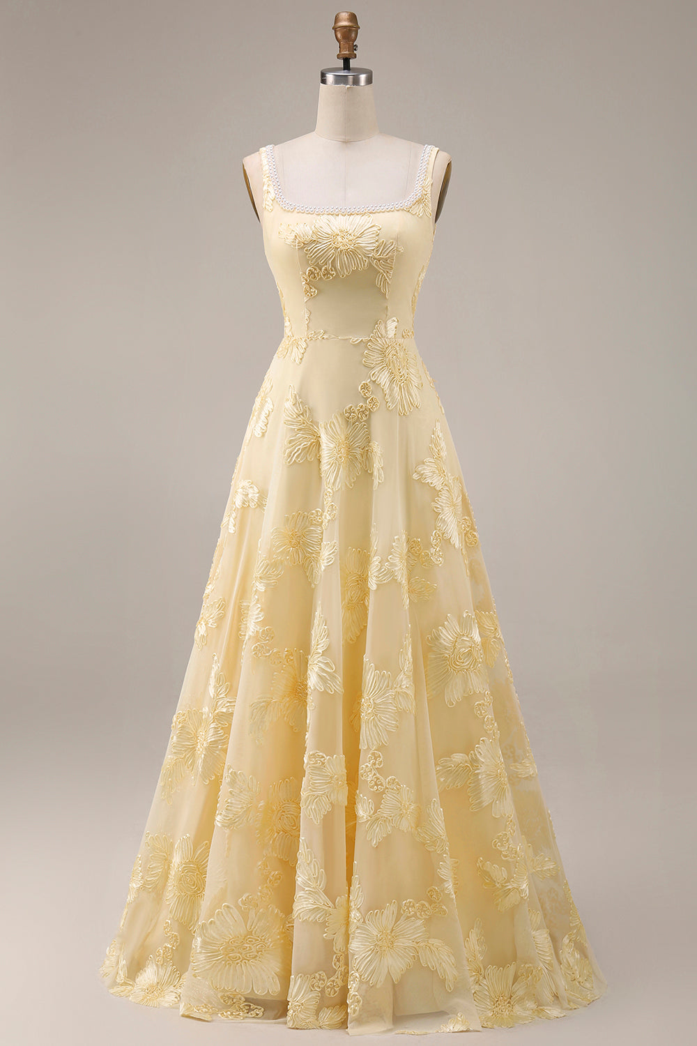 Yellow A Line Square Neck Prom Dress with Pearls