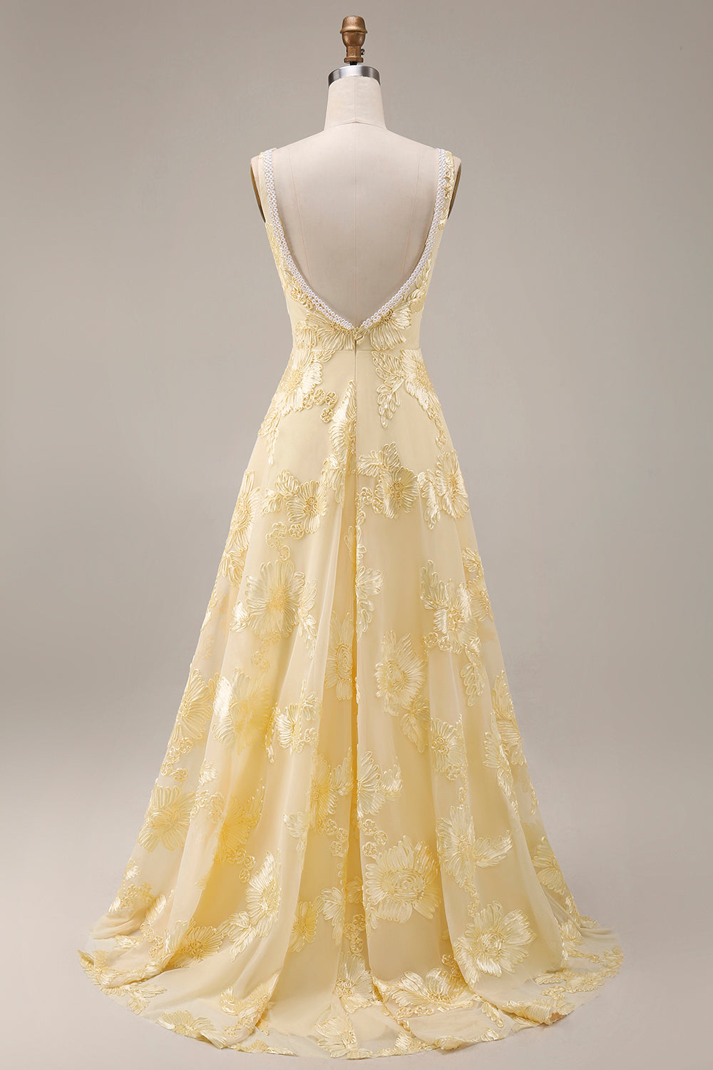 Yellow A Line Square Neck Prom Dress with Pearls