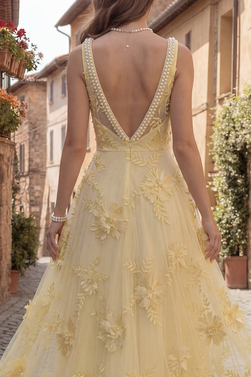 Yellow A Line Square Neck Prom Dress with Pearls