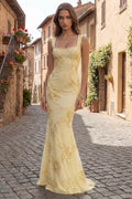 Mermaid Yellow Pearled Appliqued Square Neck Prom Dress