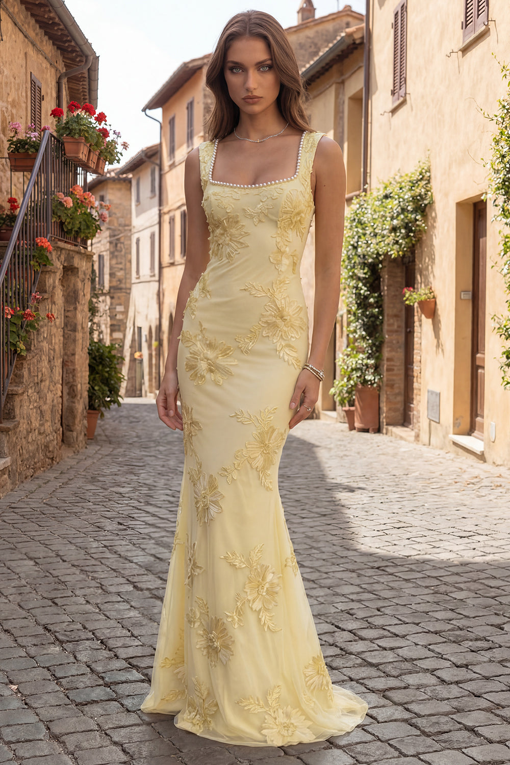 Mermaid Yellow Pearled Appliqued Square Neck Prom Dress