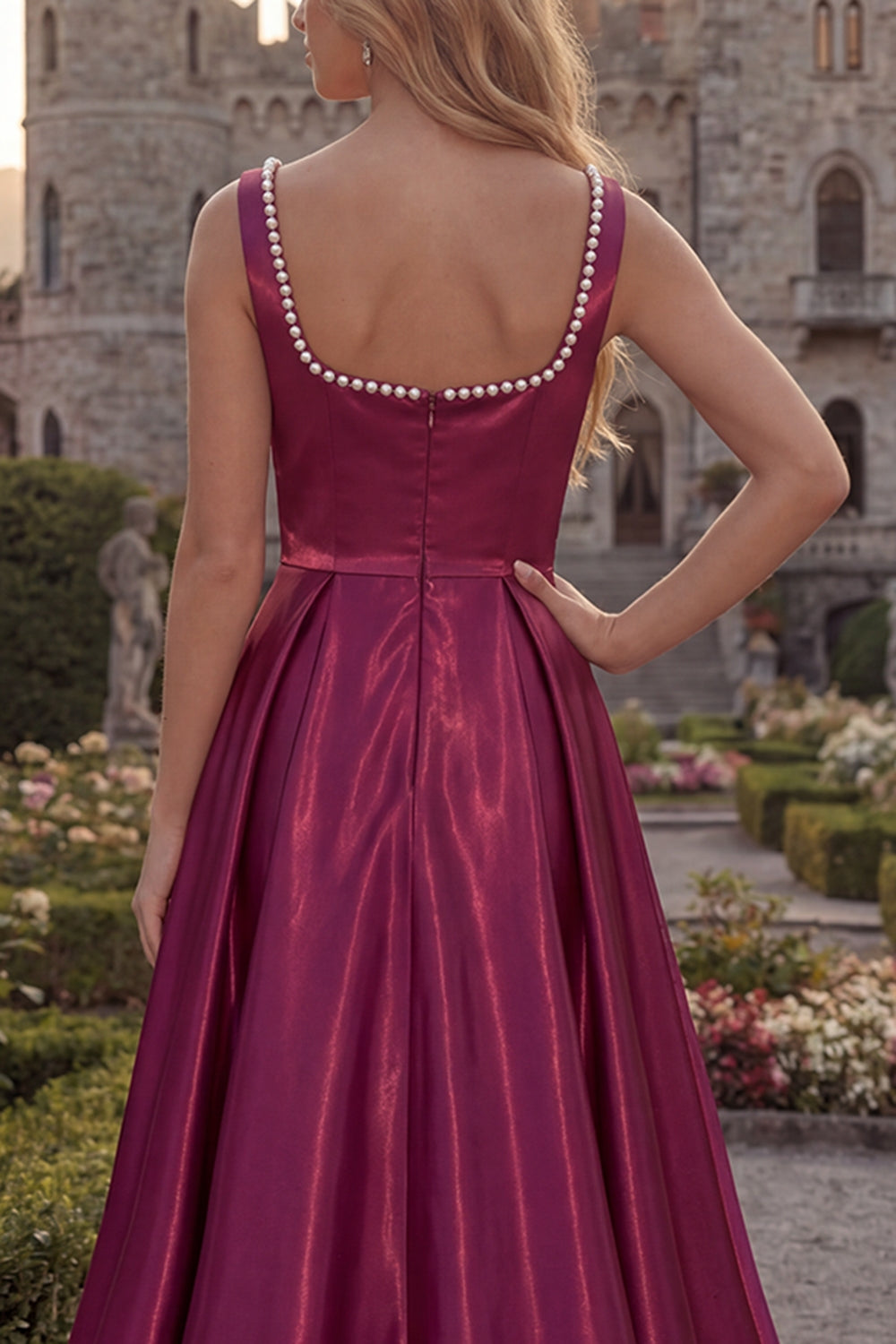 Blush A Line Square Neck Satin Prom Dress with Pearls