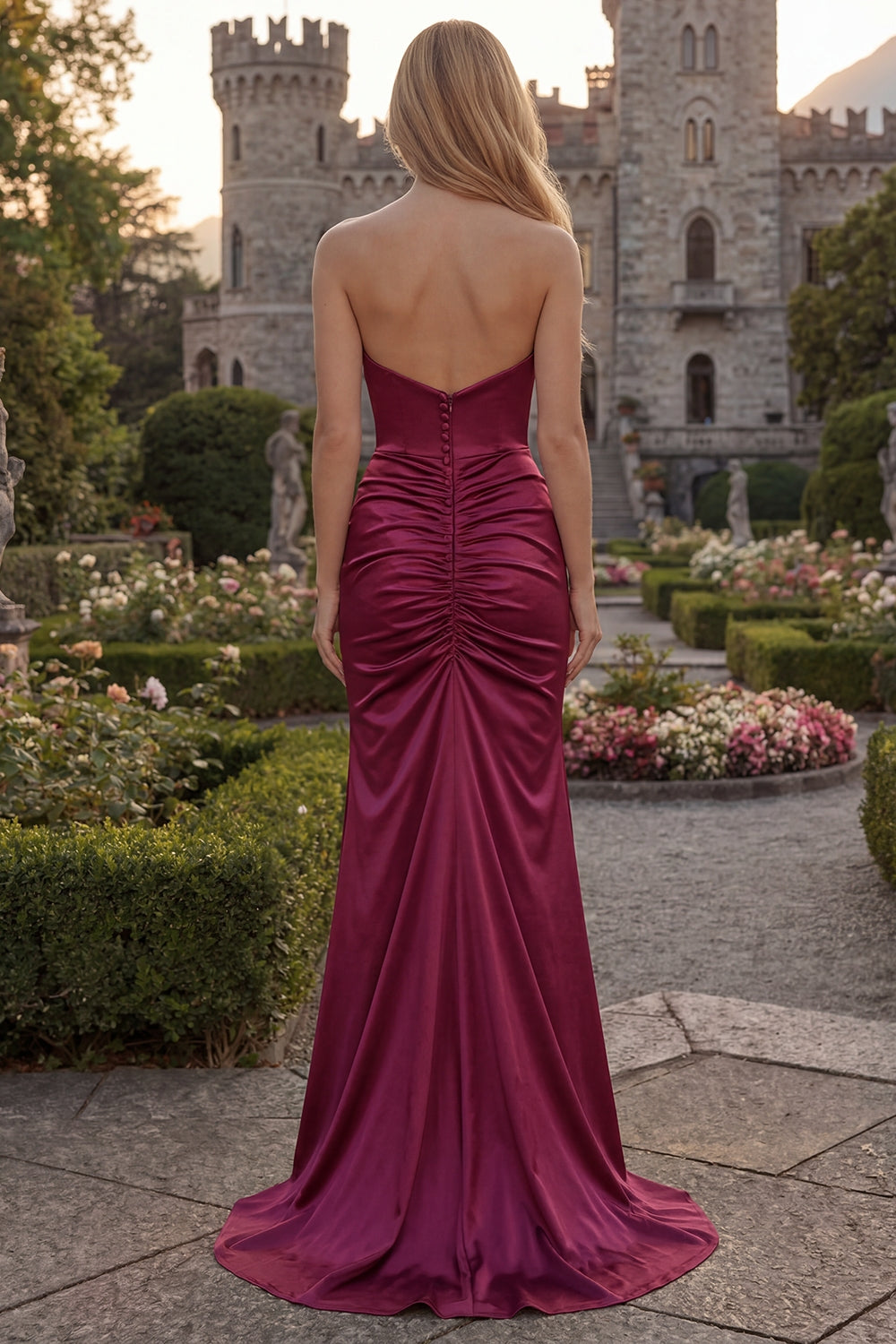 Strapless Burgundy Mermaid Satin Ruched Maxi Prom Dress