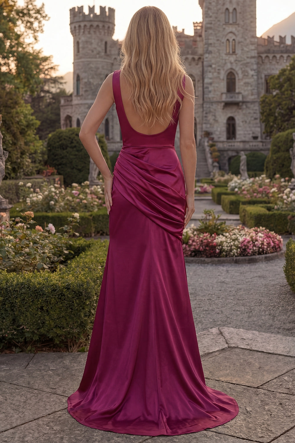 Cowl Neck Mermaid Burgundy Satin Prom Dress with Slit