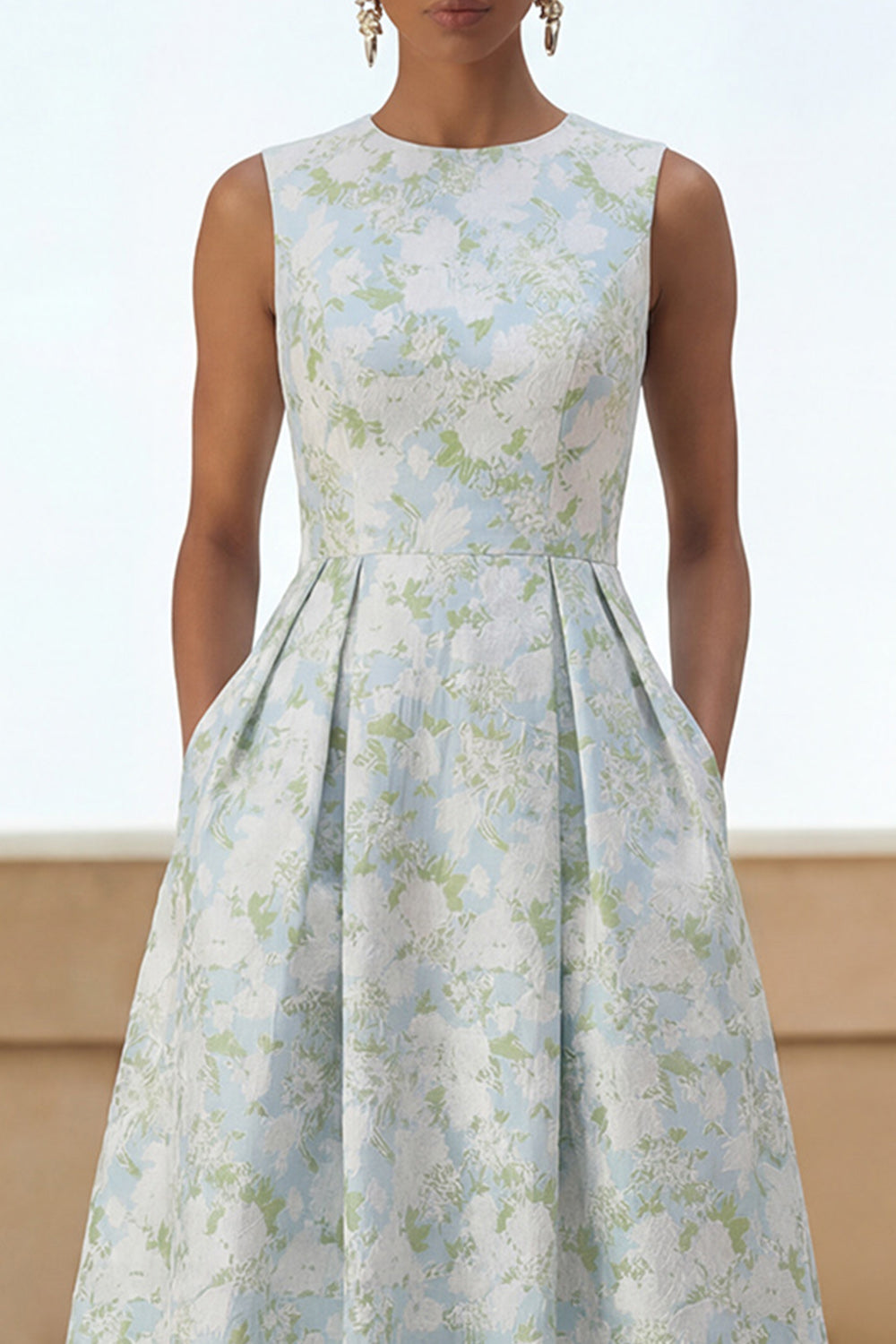Blue Floral A Line Wedding Guest Dress with Pockets