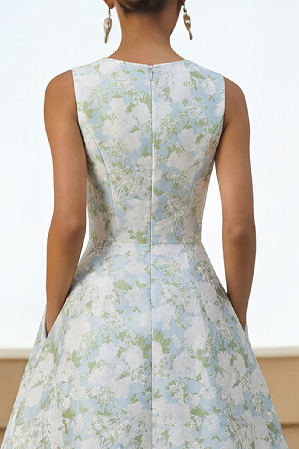 Blue Floral A Line Wedding Guest Dress with Pockets