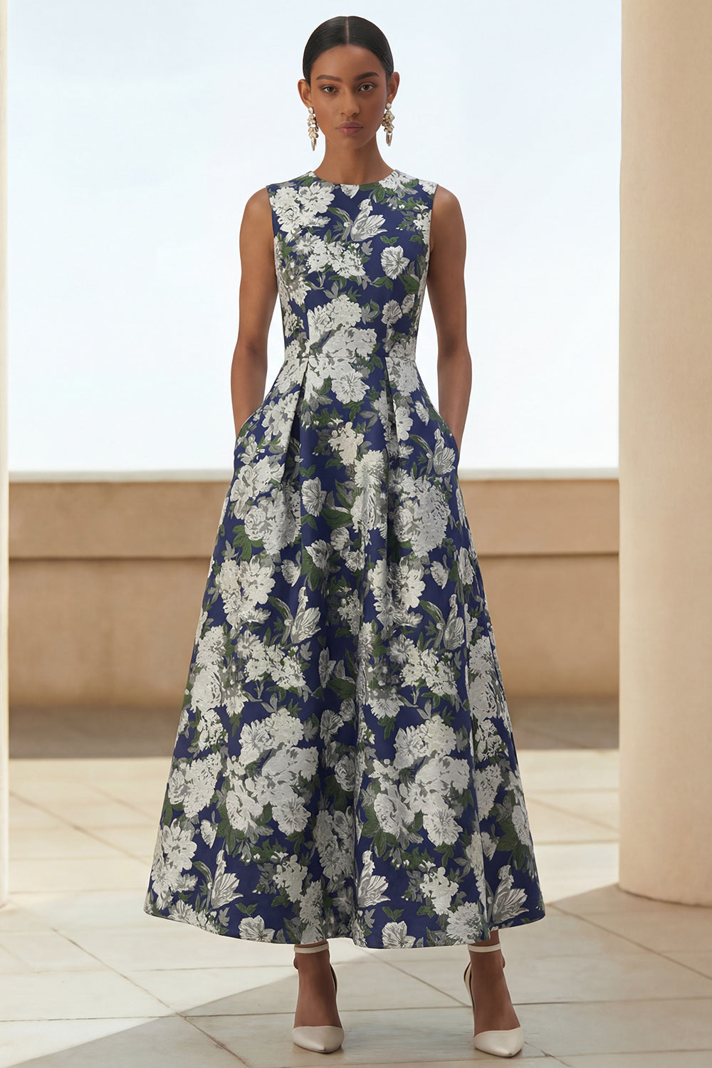 A Line Navy Floral Round Neck Wedding Guest Dress with Pockets