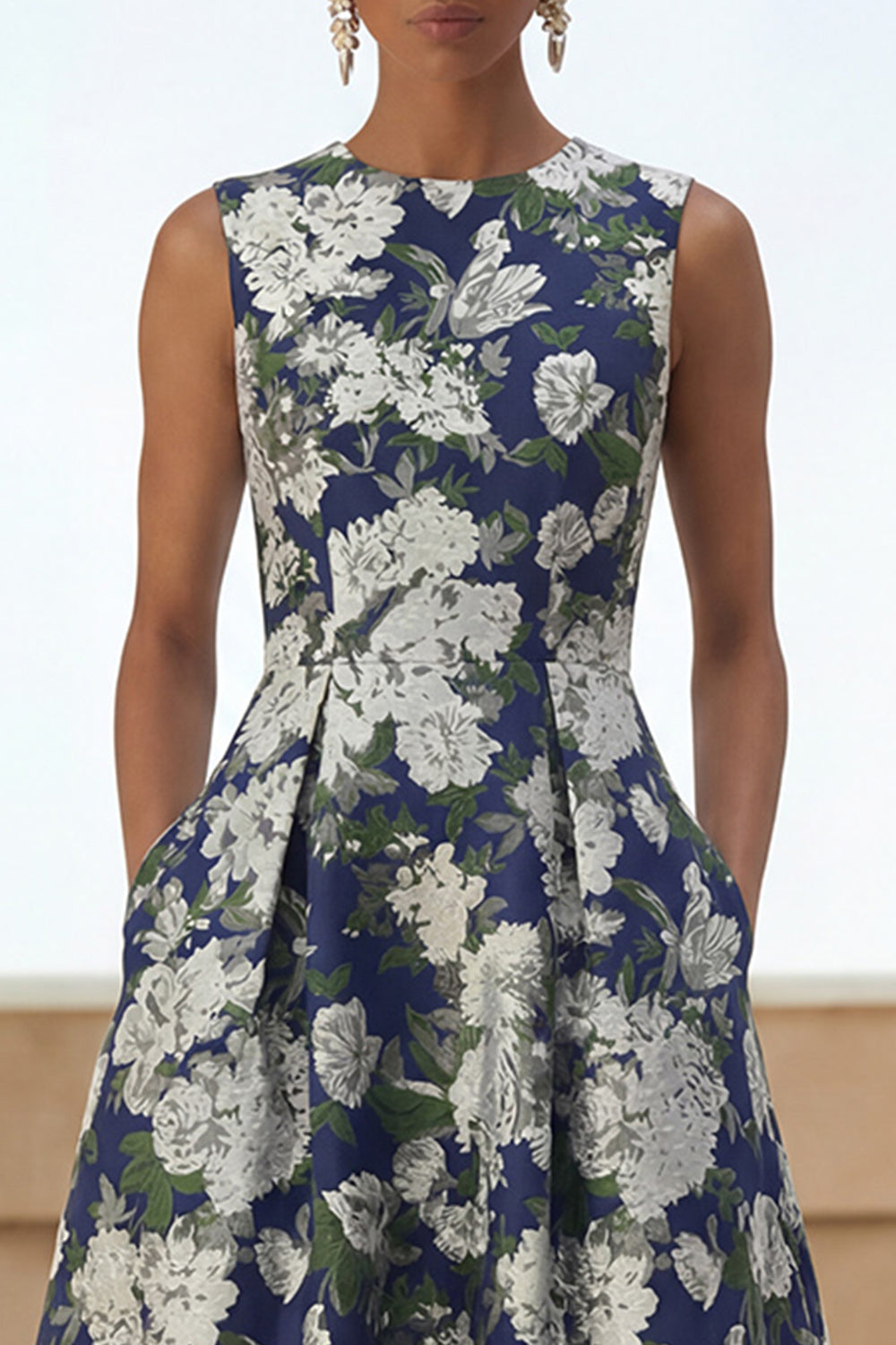A Line Navy Floral Round Neck Wedding Guest Dress with Pockets