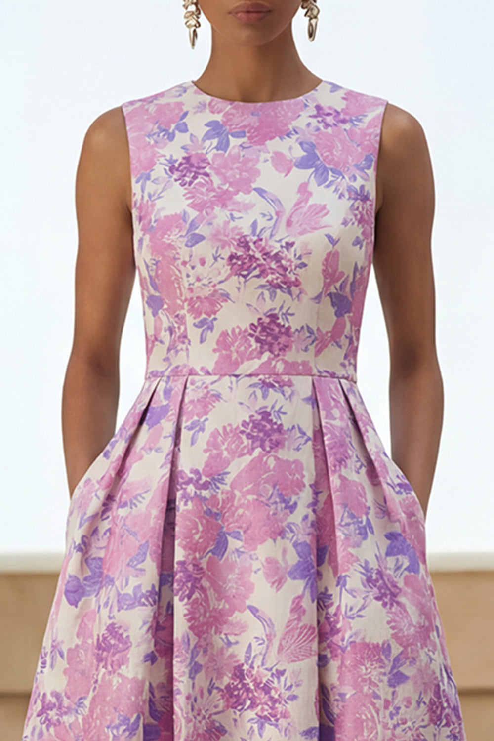 Round Neck A Line Lilac Floral Wedding Guest Dress with Pockets