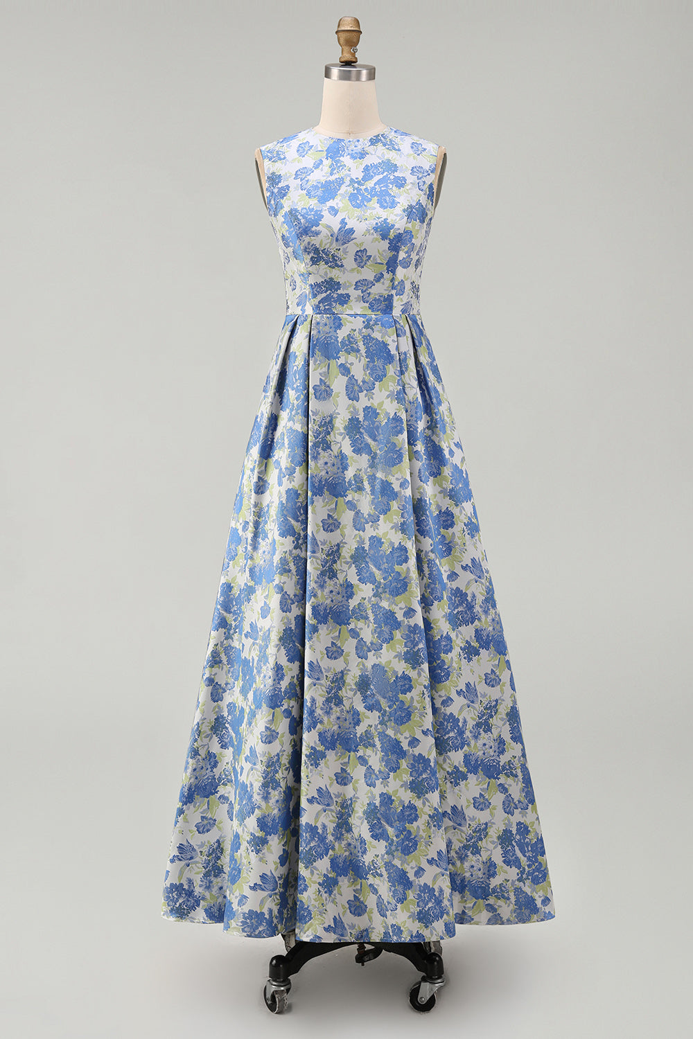 Floral A Line Blue Round Neck Wedding Guest Dress with Pockets